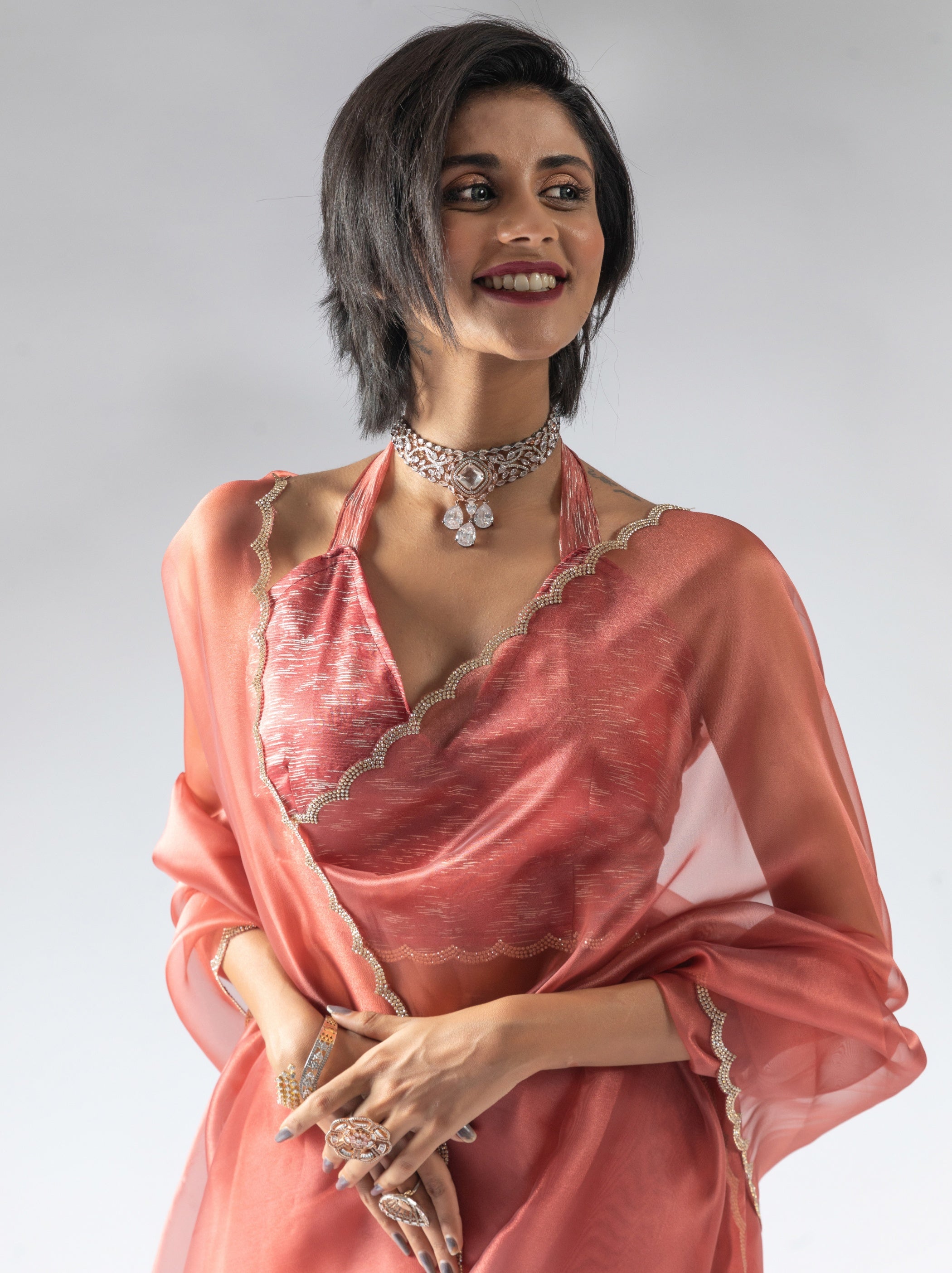 Peach Pink Fancy Ready to Wear Organza Saree With Stone Work Border