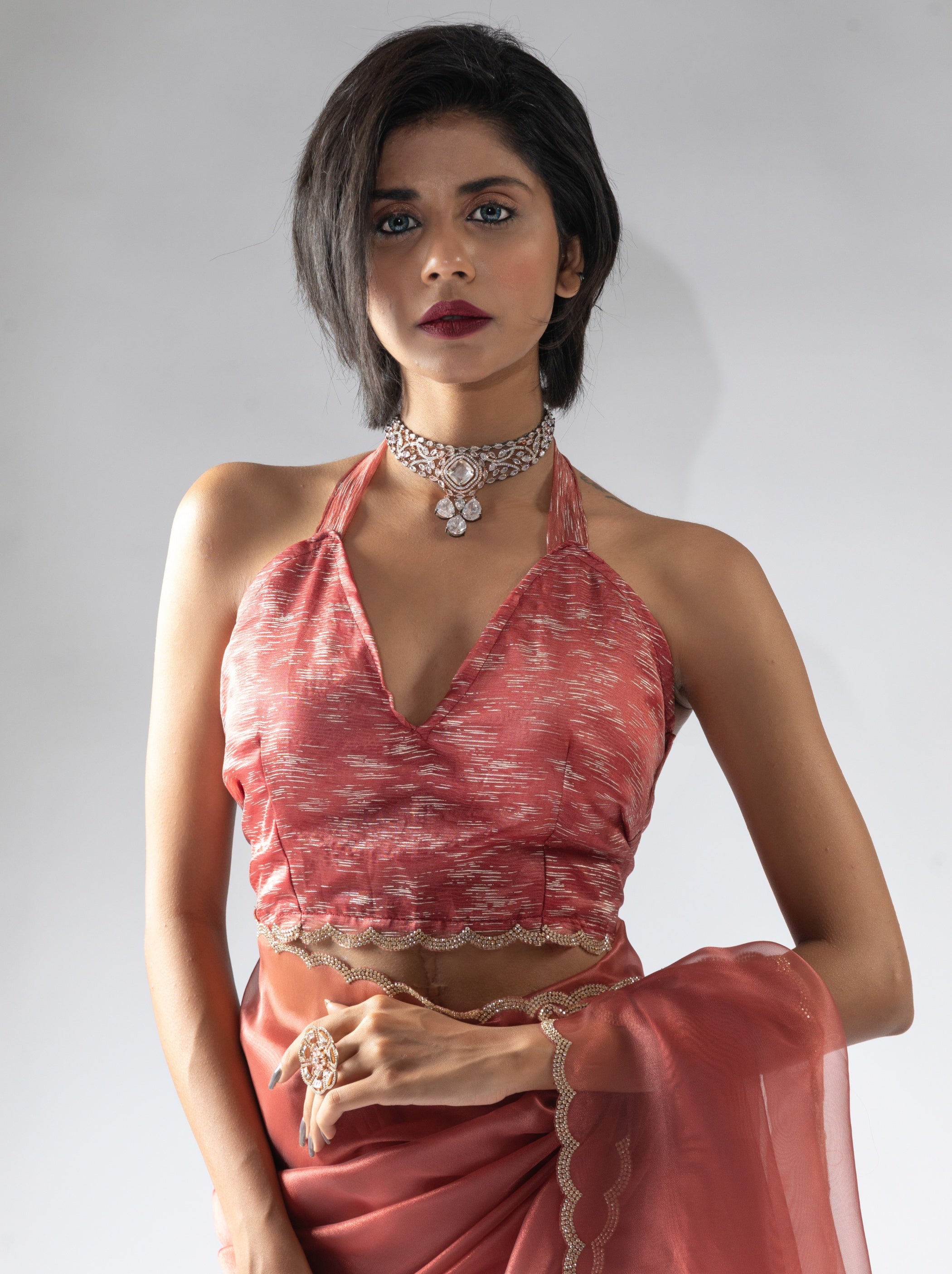 Peach Pink Fancy Ready to Wear Organza Saree With Stone Work Border