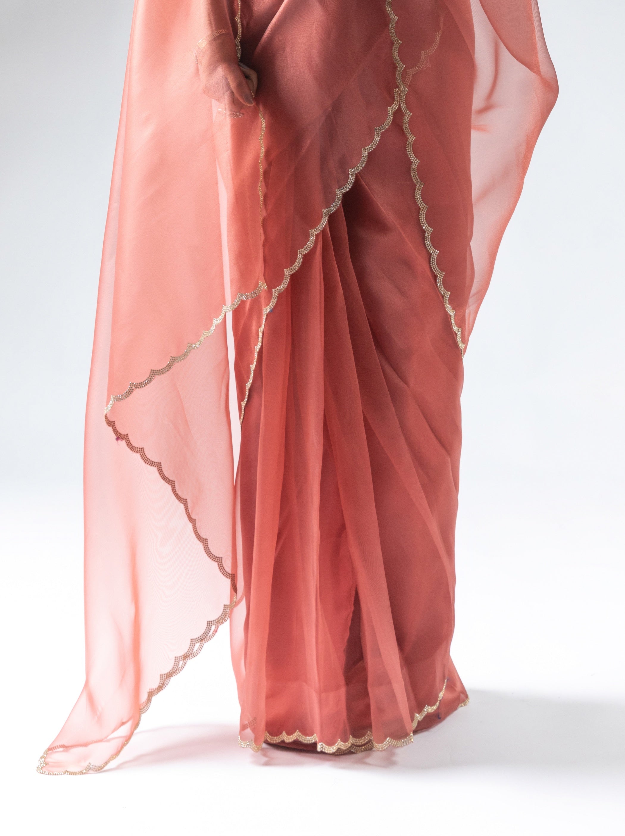 Peach Pink Fancy Ready to Wear Organza Saree With Stone Work Border
