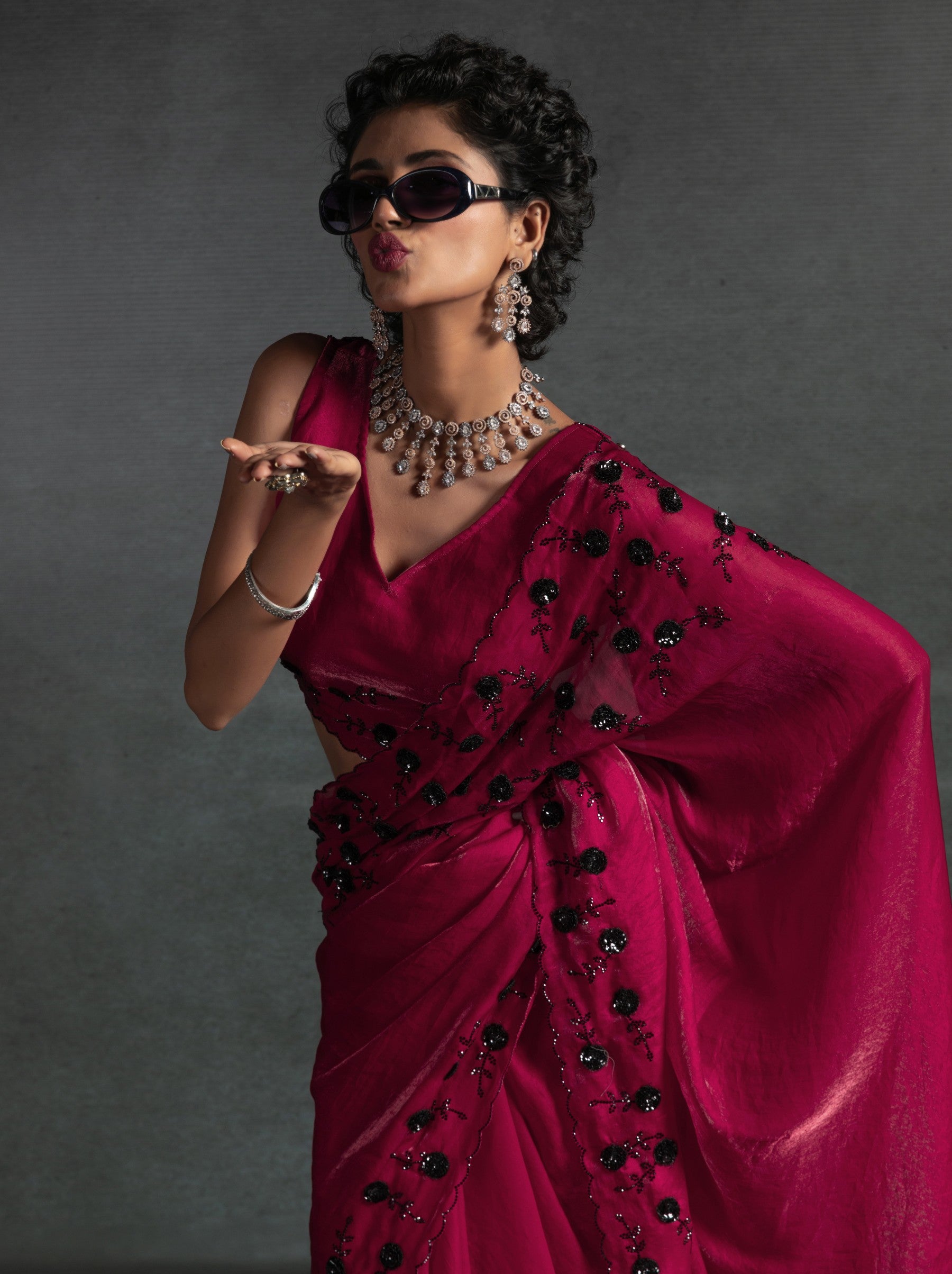 Ruby Pink Satin Silk Designer Party Saree With Blouse Piece - TrendOye