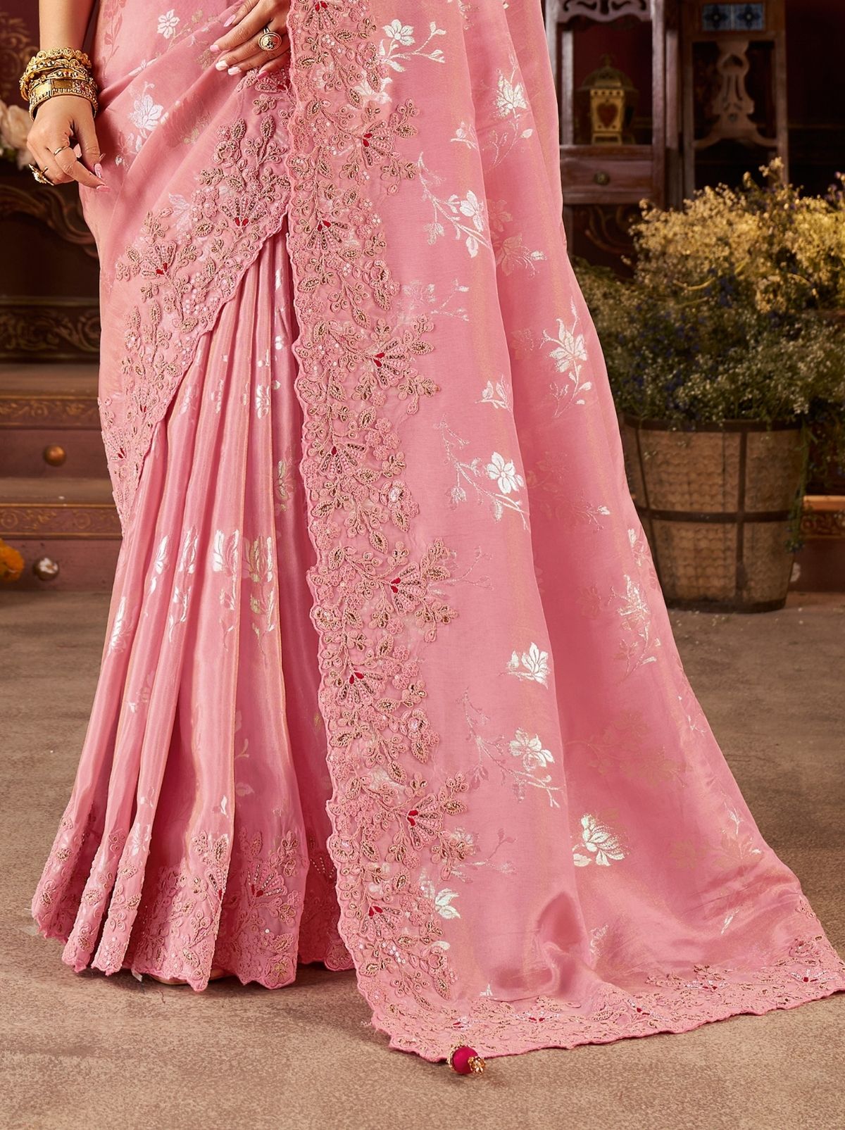 Carnation Pink Fancy Silk Wedding Saree With Designer Embroidery