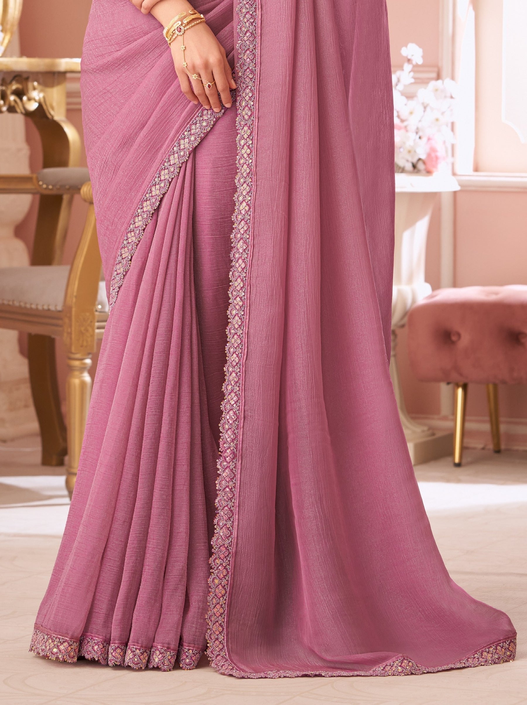 Creamy Pink Premium Designer Party Saree - TrendOye