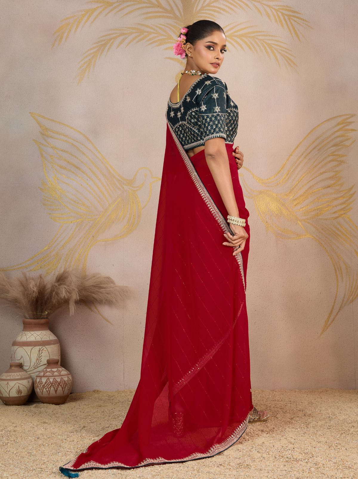 Ruby Pink Georgette Silk Party Saree with Zari & Sequin Border