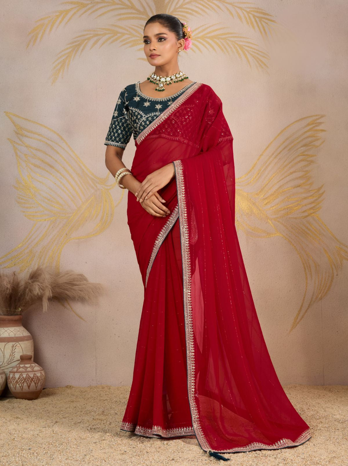 Ruby Pink Georgette Silk Party Saree with Zari & Sequin Border