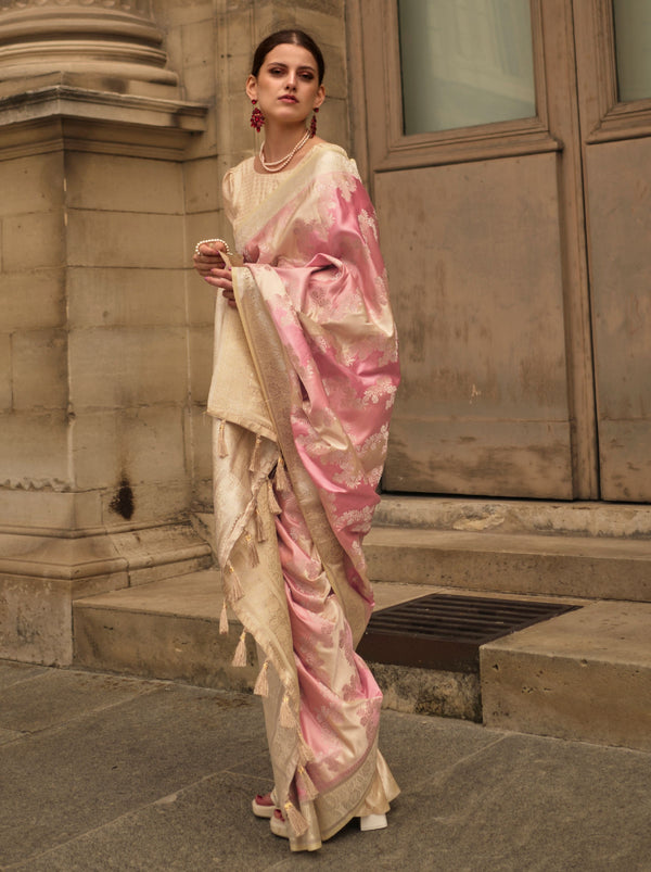 Flamingo Pink Designer Satin Silk Blended Saree - TrendOye