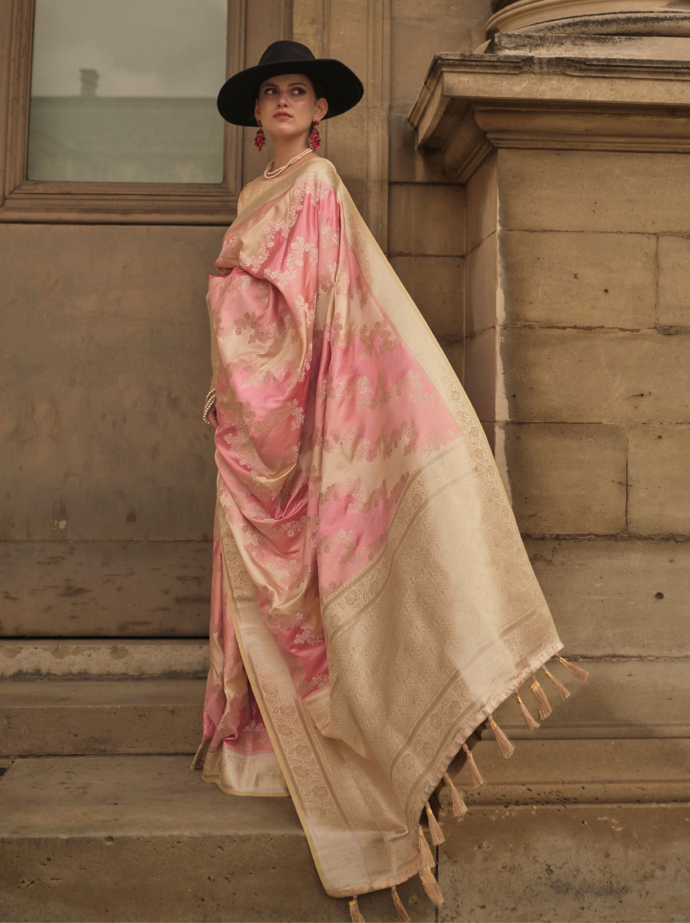 Flamingo Pink Designer Satin Silk Blended Saree - TrendOye