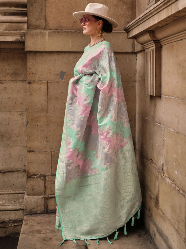 Green-Pink Designer Satin Silk Blended Saree - TrendOye
