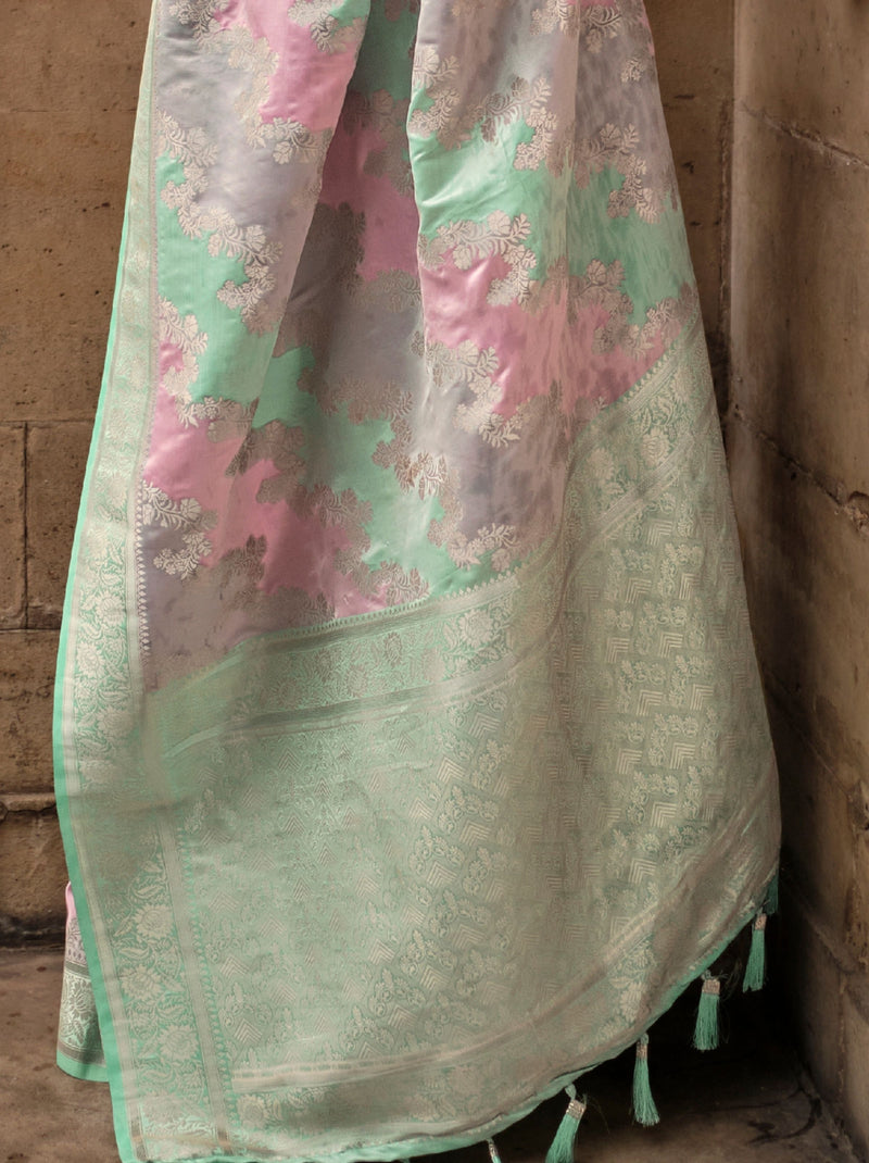 Green-Pink Designer Satin Silk Blended Saree - TrendOye