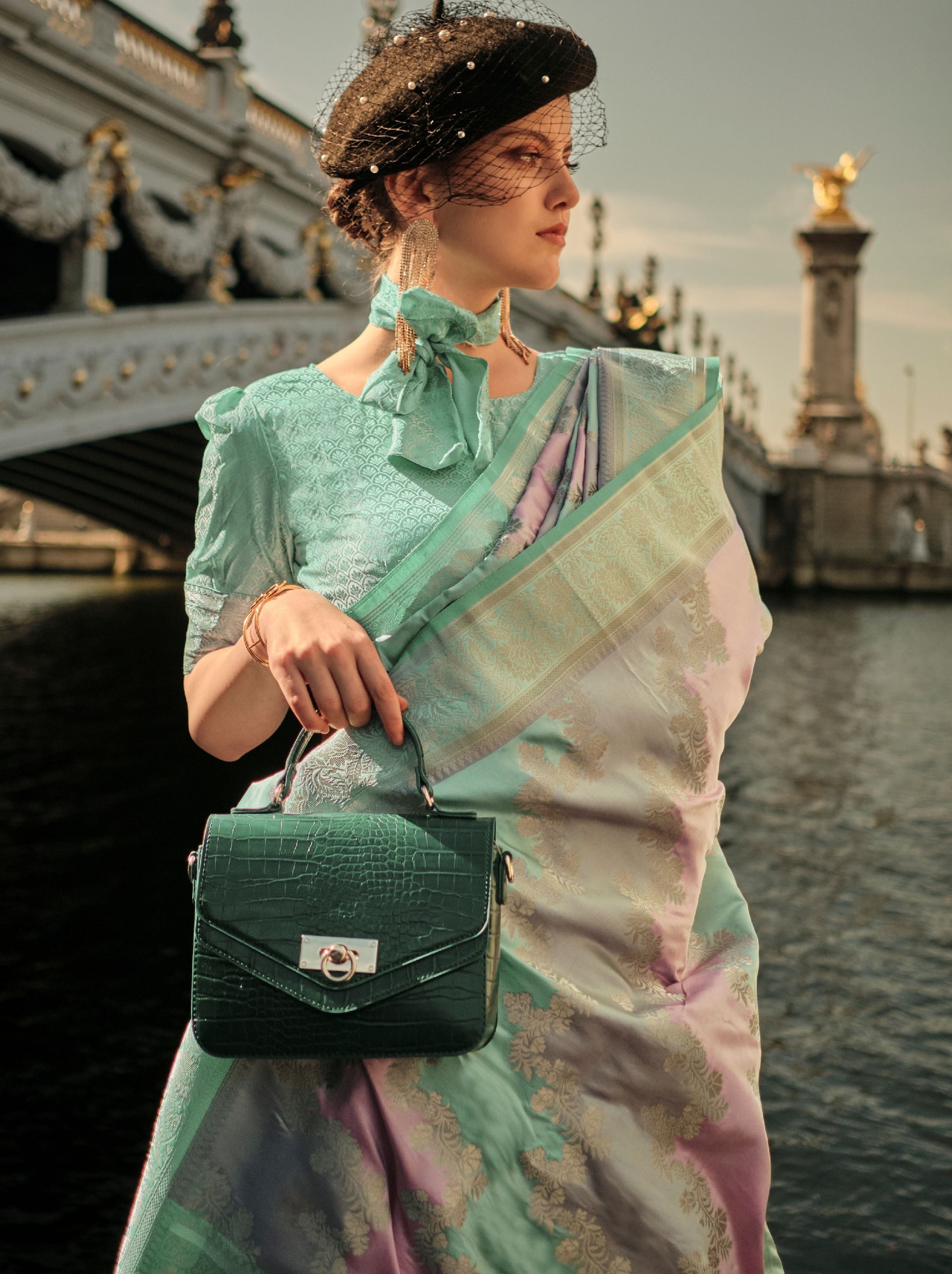 Green-Pink Designer Satin Silk Blended Saree - TrendOye