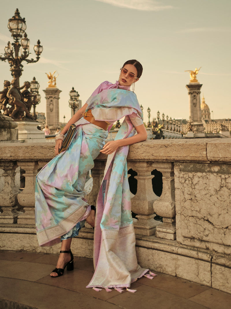 Pink-Blue Designer Satin Silk Blended Saree - TrendOye