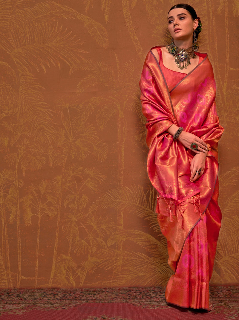 Punch Pink Handloom Weaving Silk Festive Saree With Blouse Piece