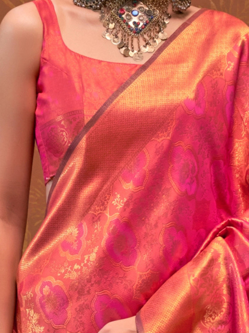 Punch Pink Handloom Weaving Silk Festive Saree With Blouse Piece