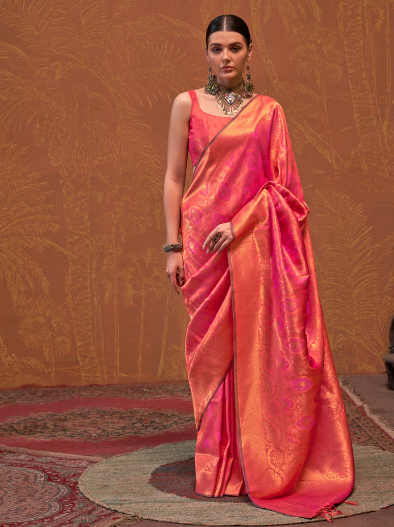 Punch Pink Handloom Weaving Silk Festive Saree With Blouse Piece