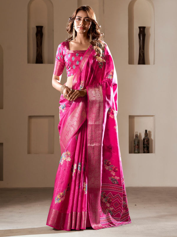 Hot Pink Premium Dola Silk Designer Saree - TrendOye