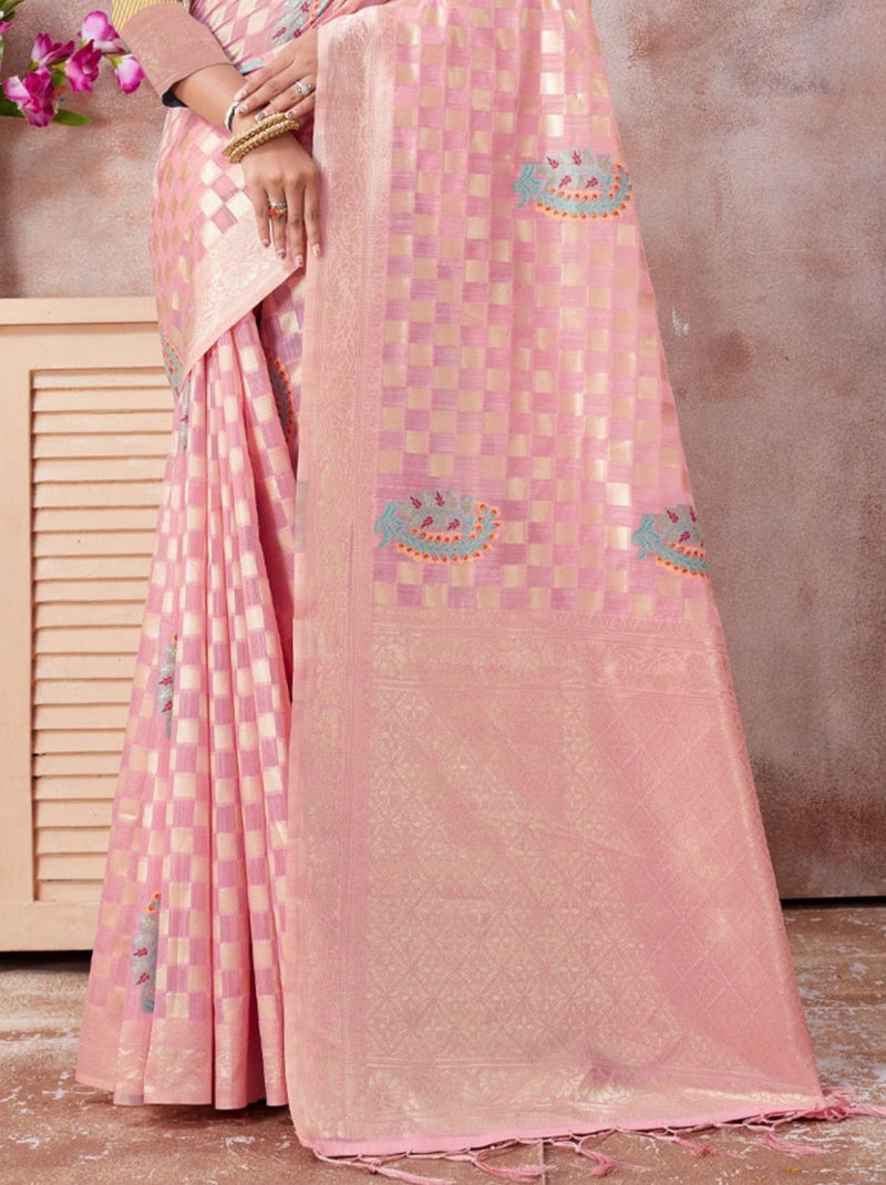 Pink Kota Cotton Silk Designer Saree - TrendOye