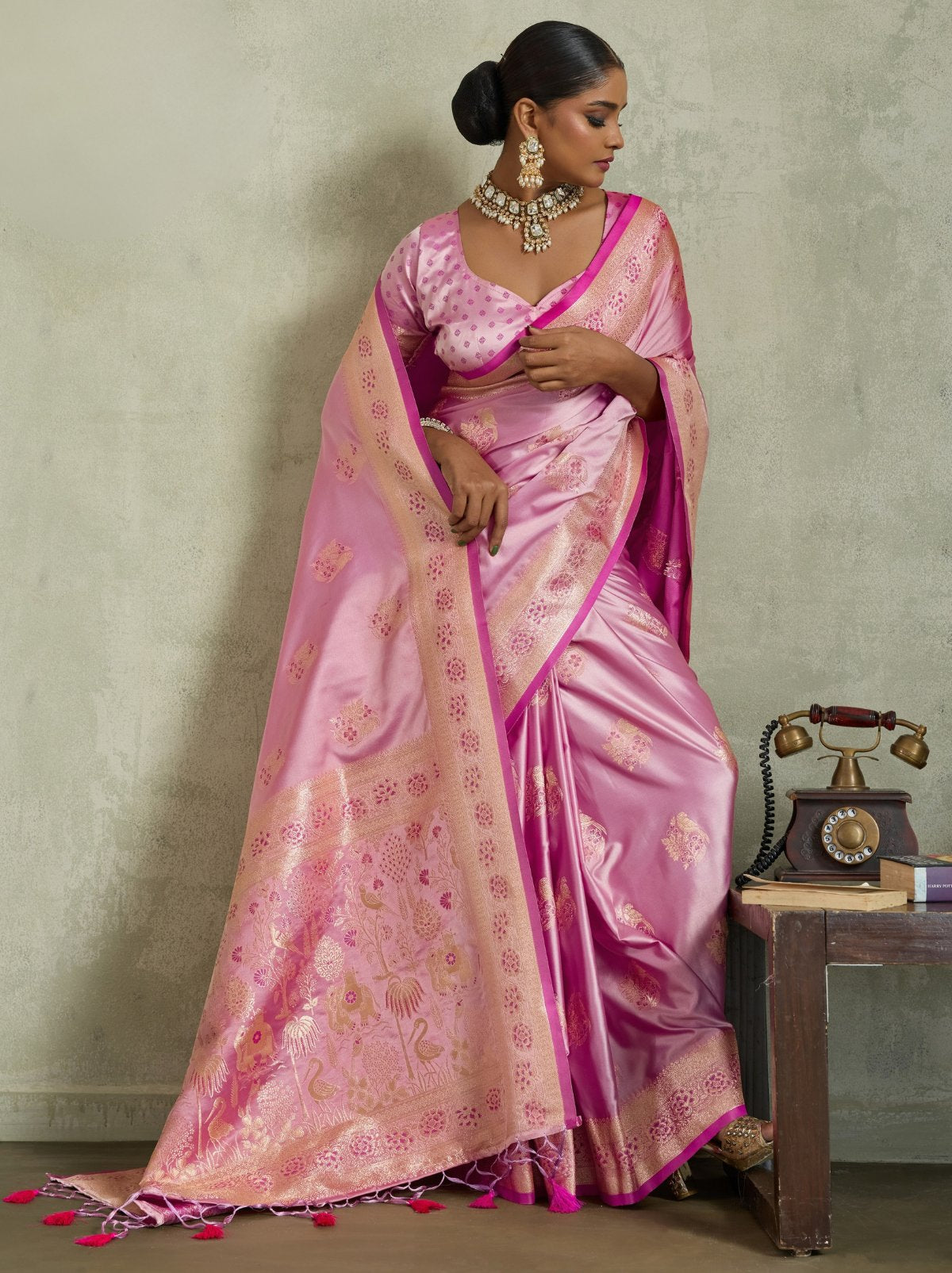 Taffy Pink Luxurious Satin Silk Saree With Blouse Piece