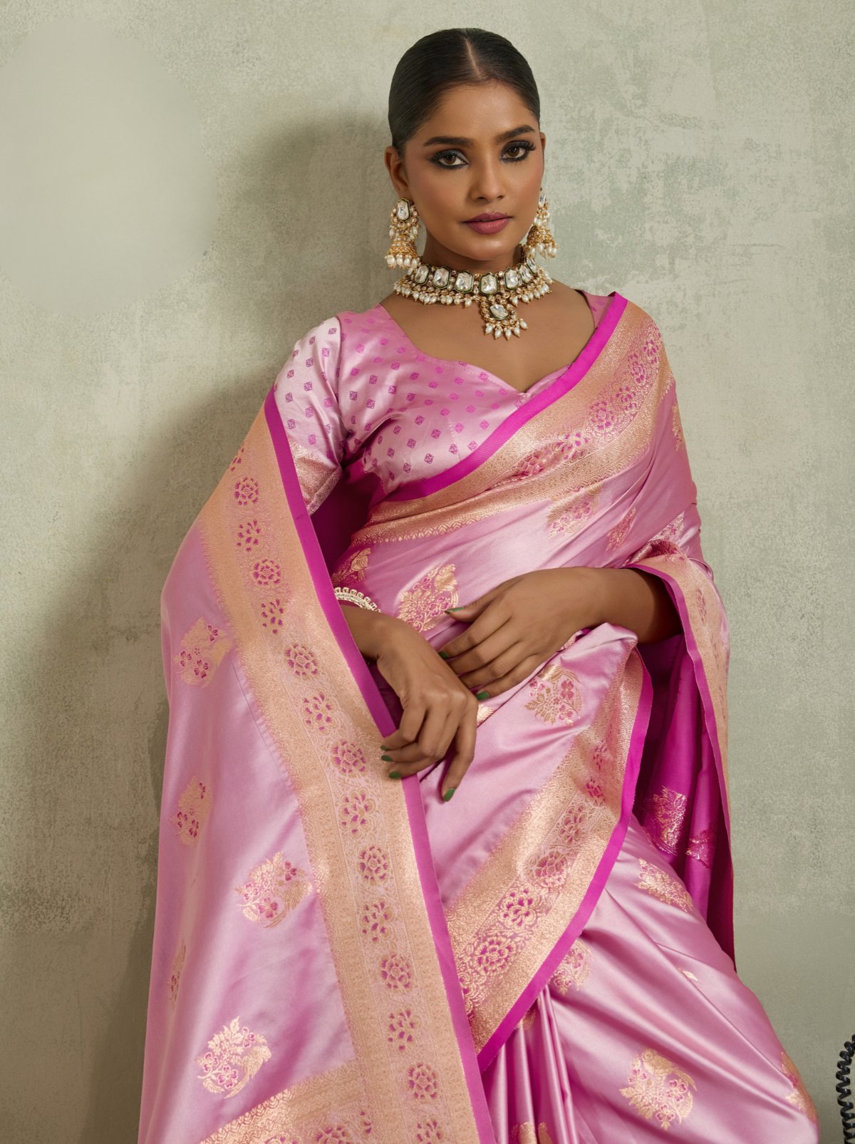 Taffy Pink Luxurious Satin Silk Saree With Blouse Piece