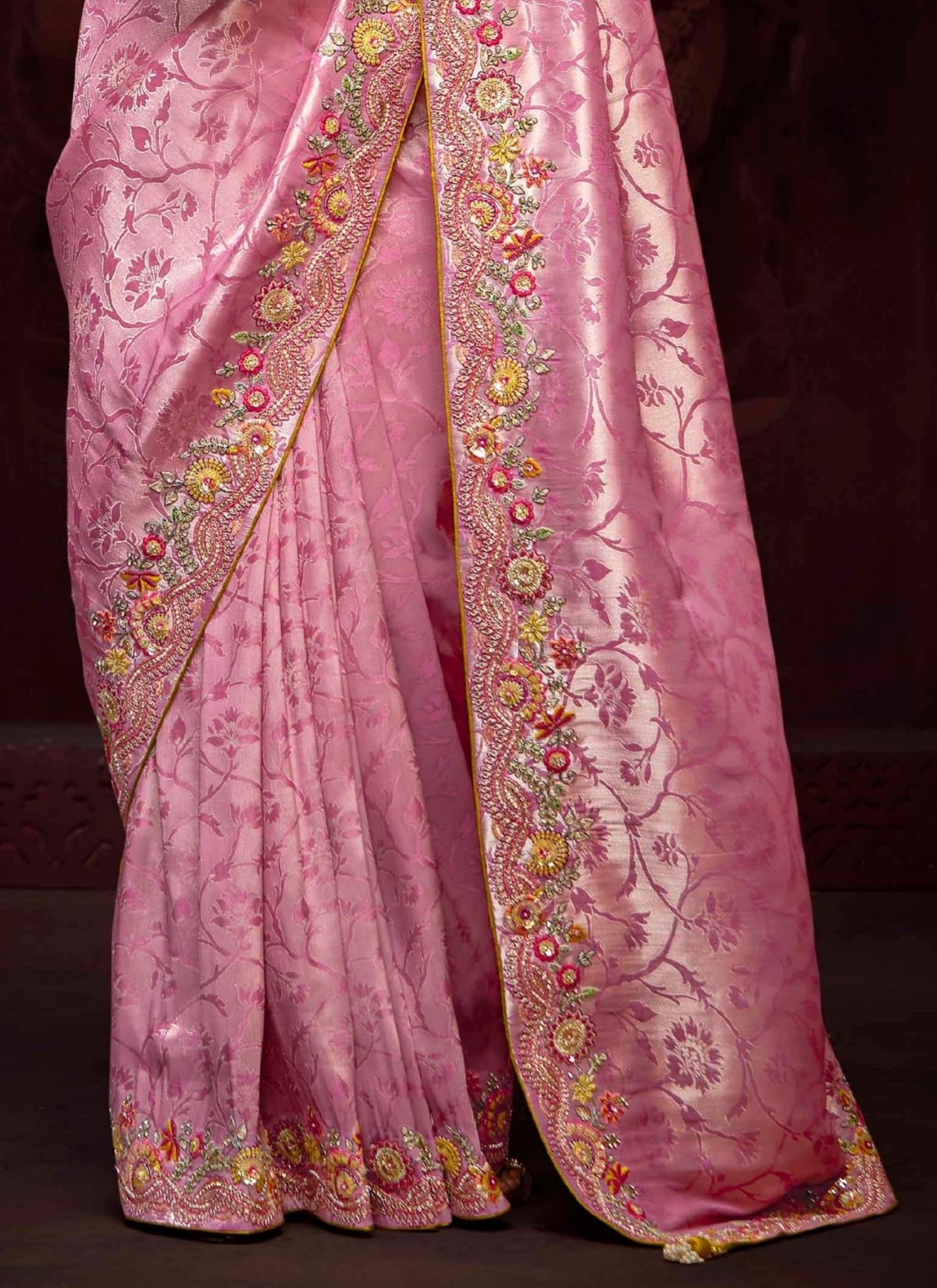 Rose Pink Luxury Banarasi Kanjivaram Saree with Embroidery - TrendOye