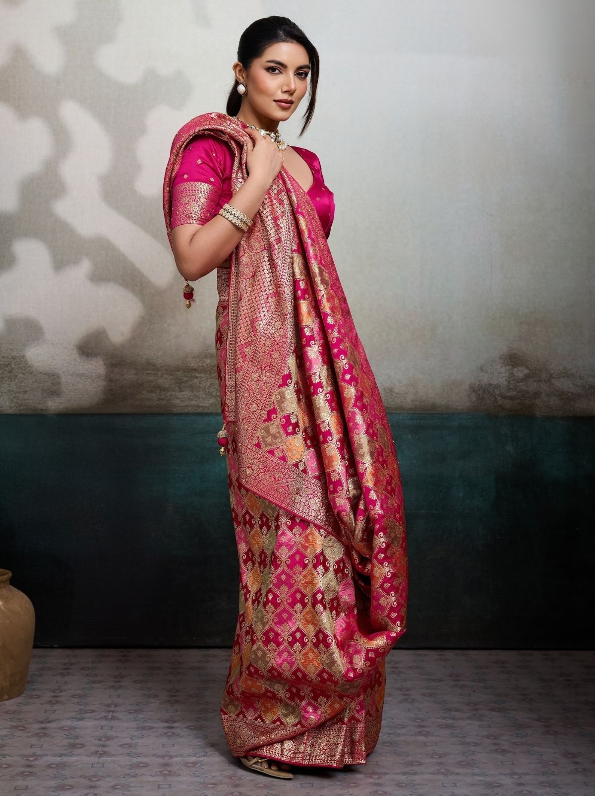 Magenta Pink Luxury Satin Jacquard Saree With Blouse Piece