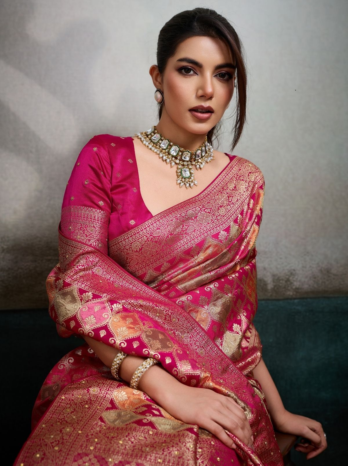 Magenta Pink Luxury Satin Jacquard Saree With Blouse Piece