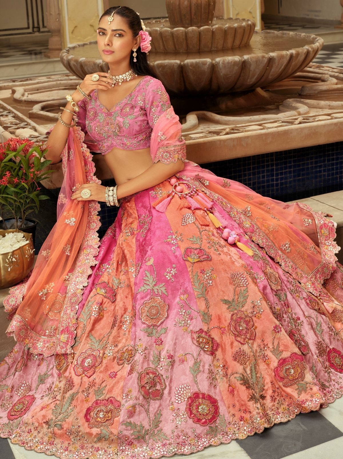 Rose Pink Majestic Wedding Lehenga Set With Mirror Work