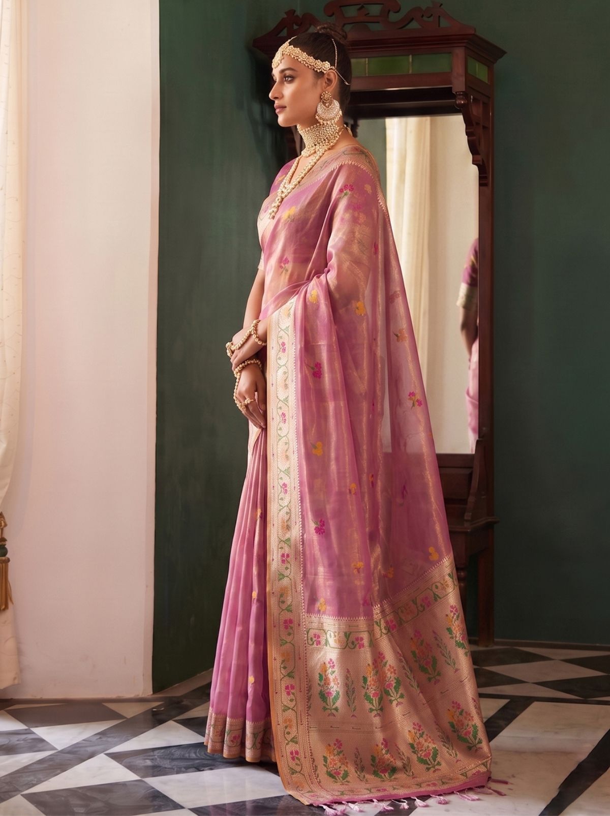 Dusty Pink Opulent Tissue Silk Saree with Soft Gold Zari Work