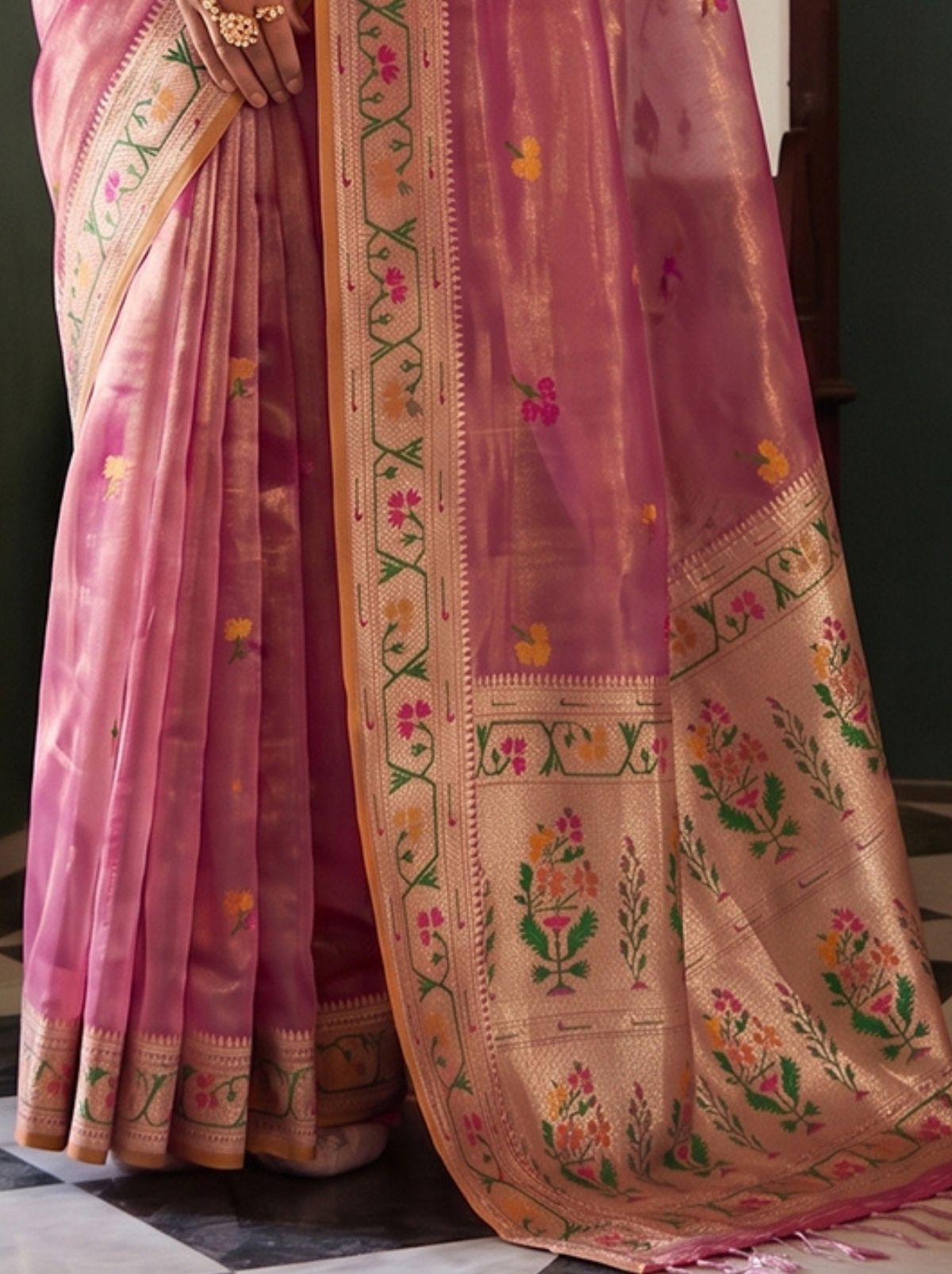 Dusty Pink Opulent Tissue Silk Saree with Soft Gold Zari Work
