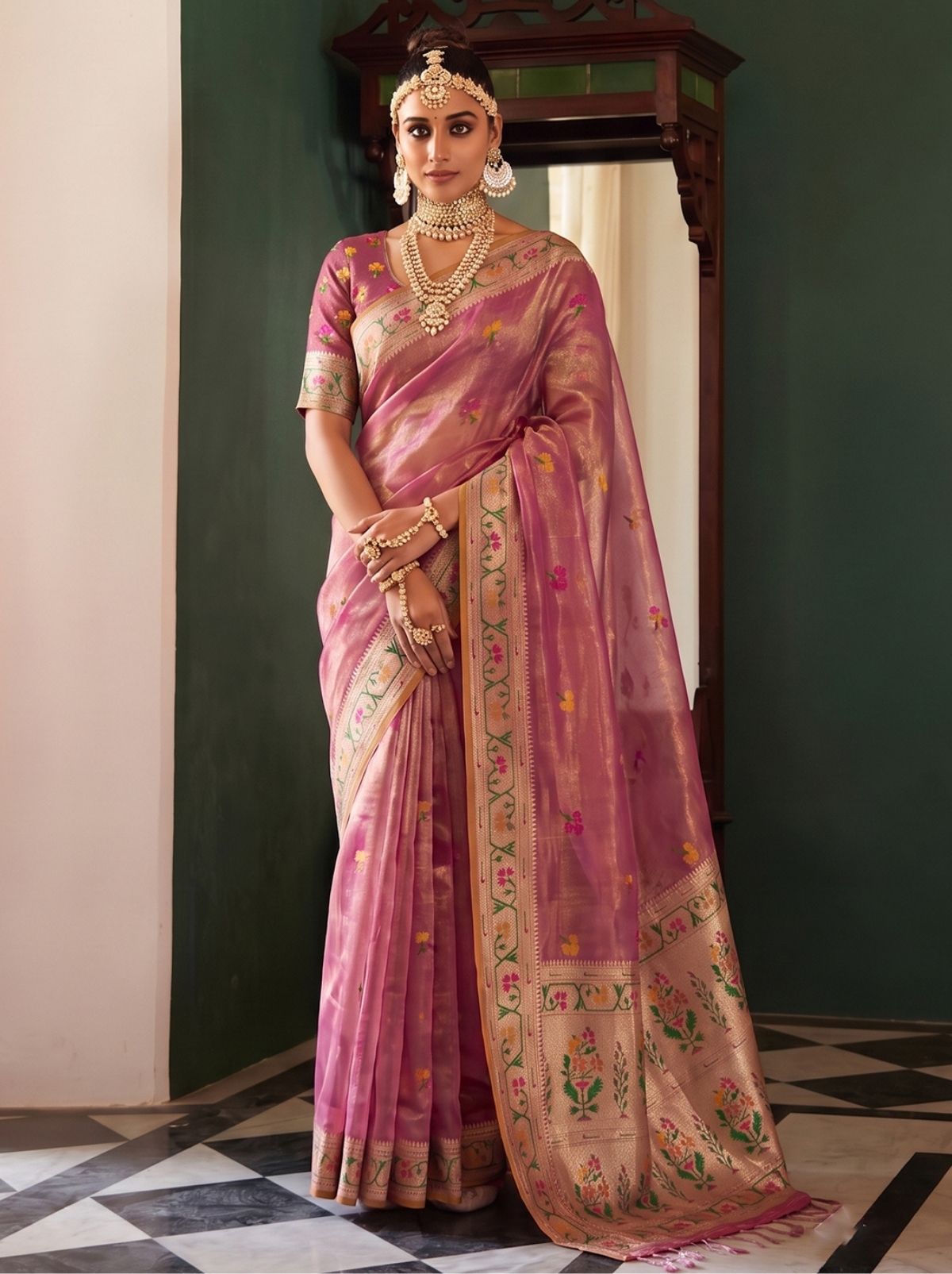 Dusty Pink Opulent Tissue Silk Saree with Soft Gold Zari Work
