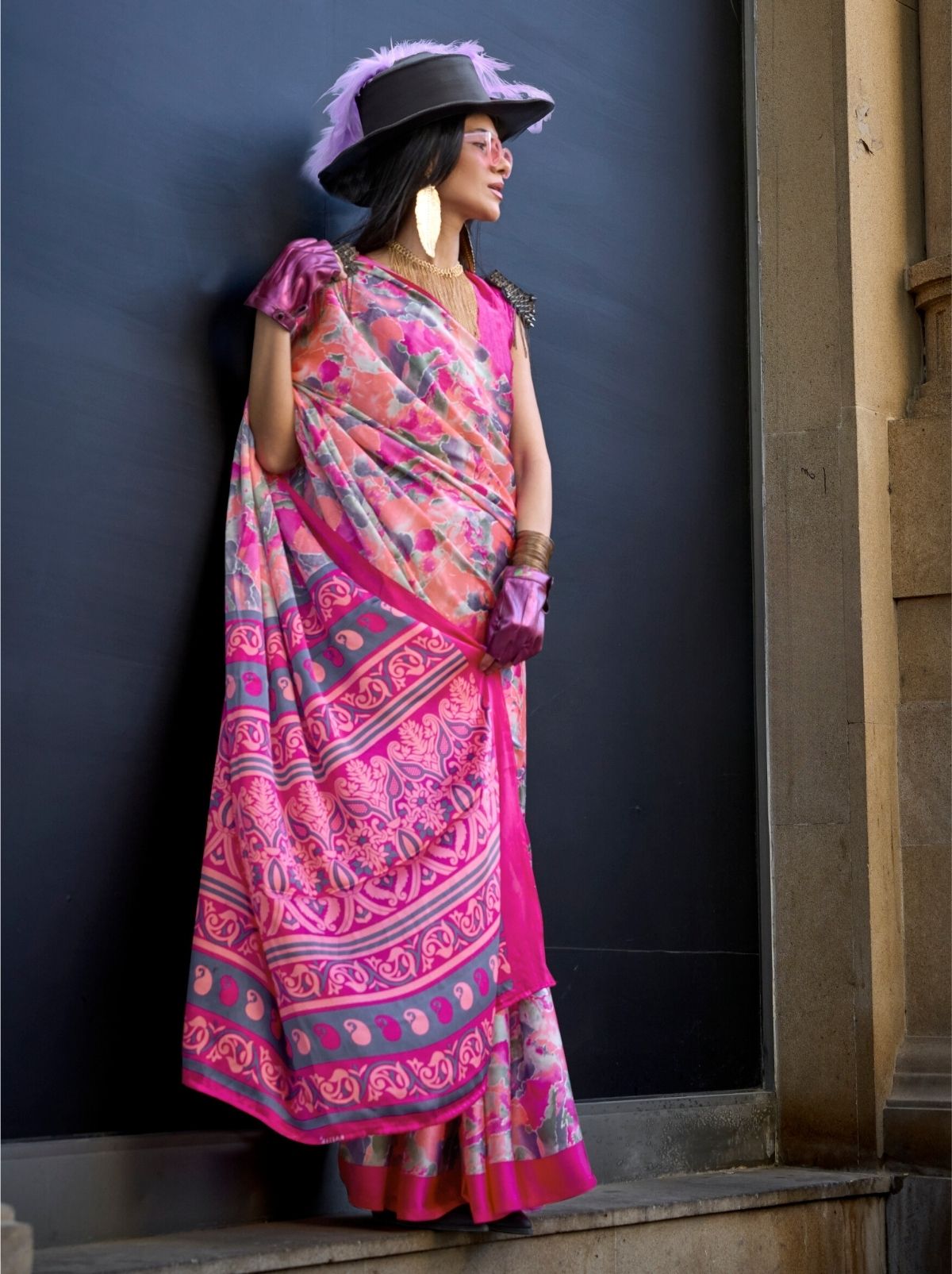 Orange Pink Premium Satin Designer Saree - TrendOye