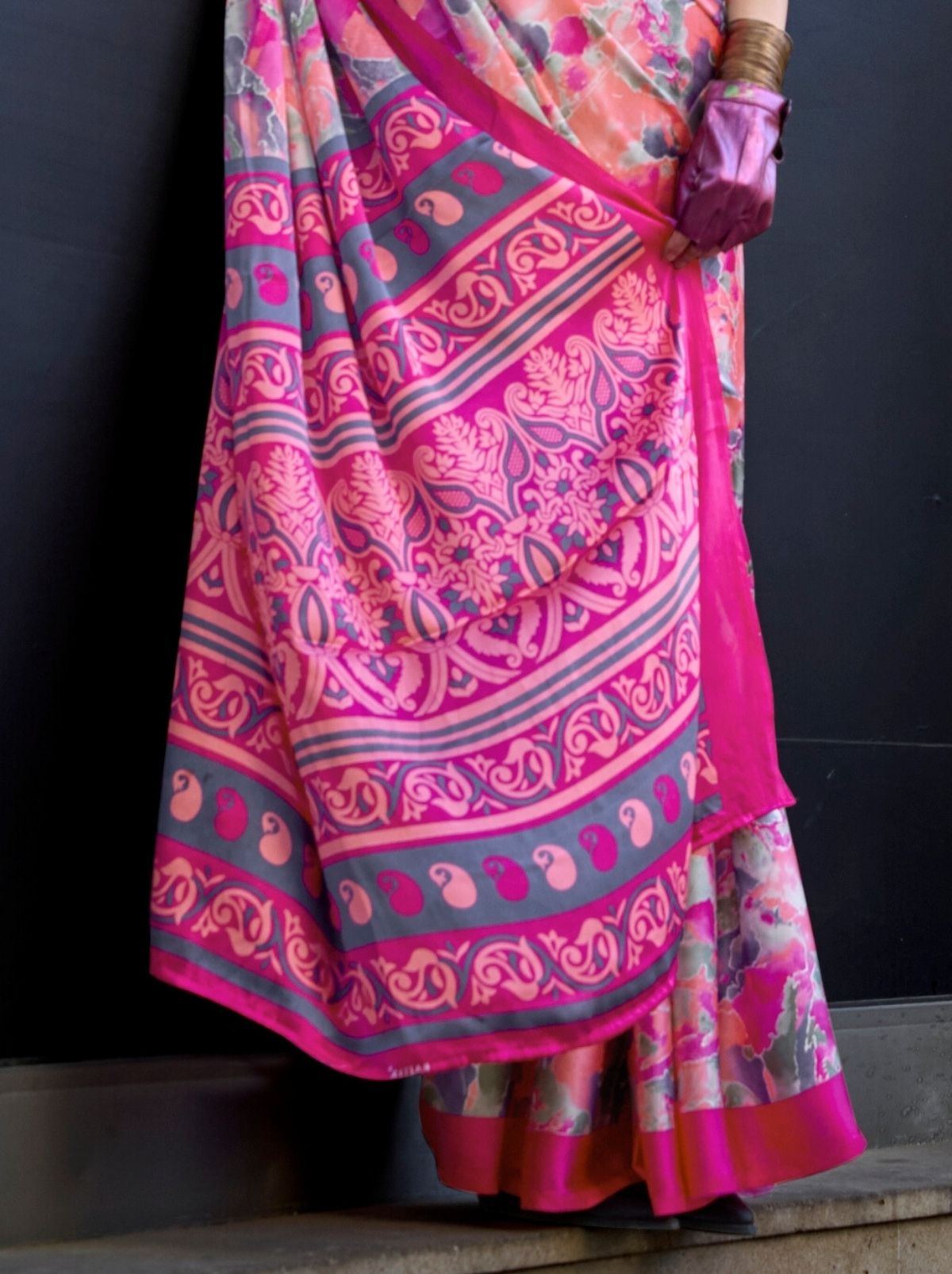 Orange Pink Premium Satin Designer Saree - TrendOye