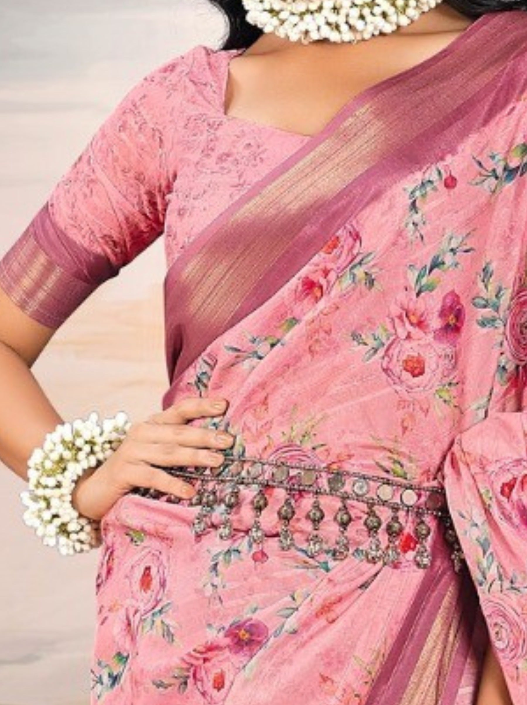 Creamy Pink Organza Festive Saree - TrendOye