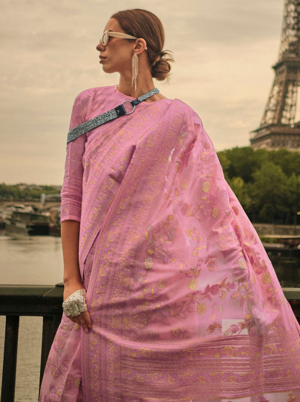 Pink Organza Kashmiri Designer Handloom Silk Saree - TrendOye