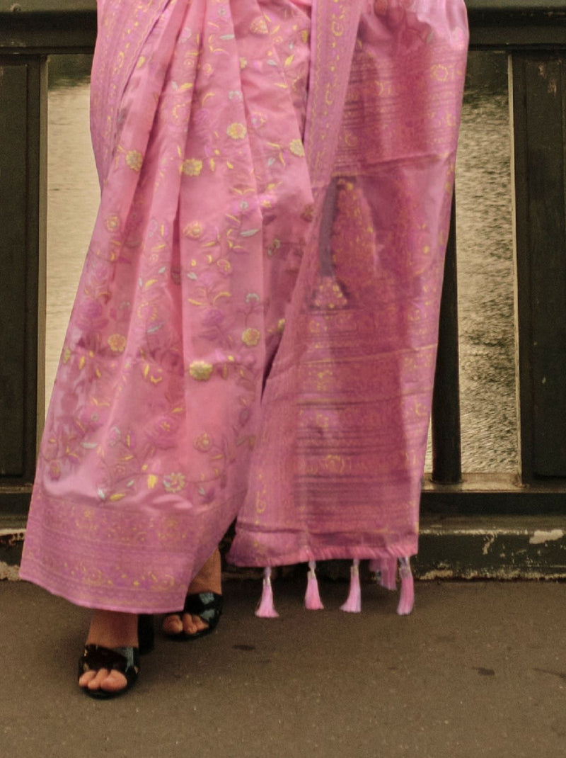 Pink Organza Kashmiri Designer Handloom Silk Saree - TrendOye