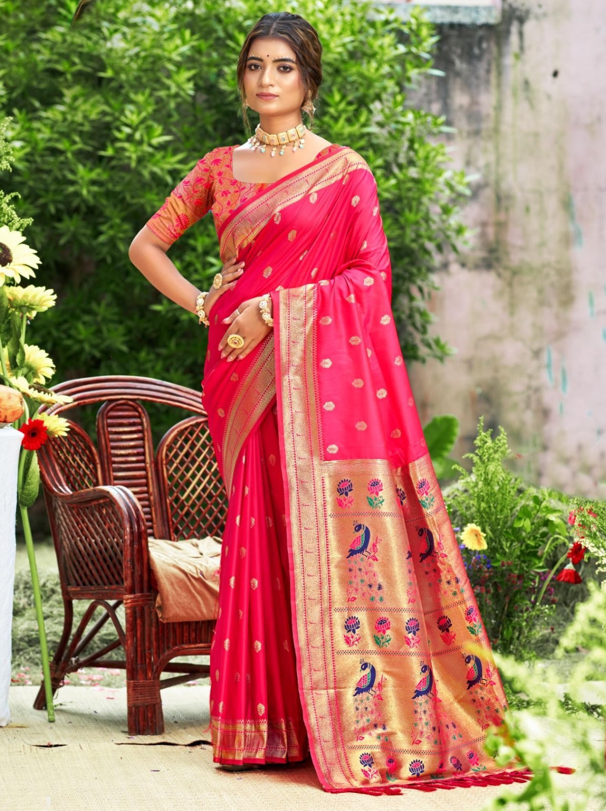 Ruby Pink Designer Paithani Silk Saree with Tassels