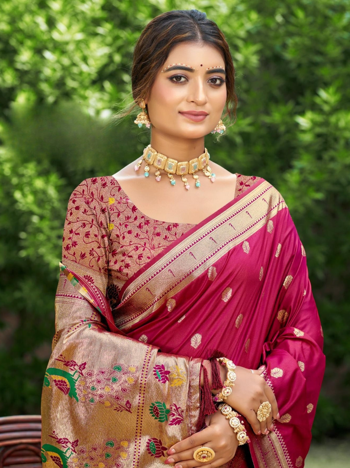 Deep Pink Designer Paithani Silk Saree with Tassels