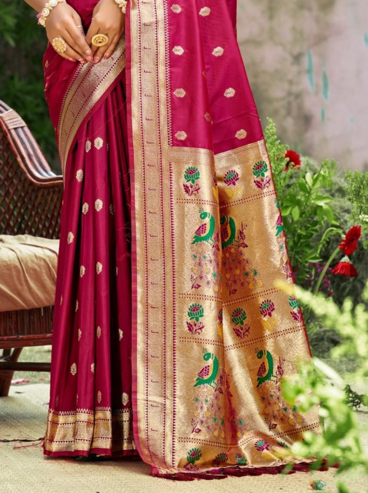 Deep Pink Designer Paithani Silk Saree with Tassels