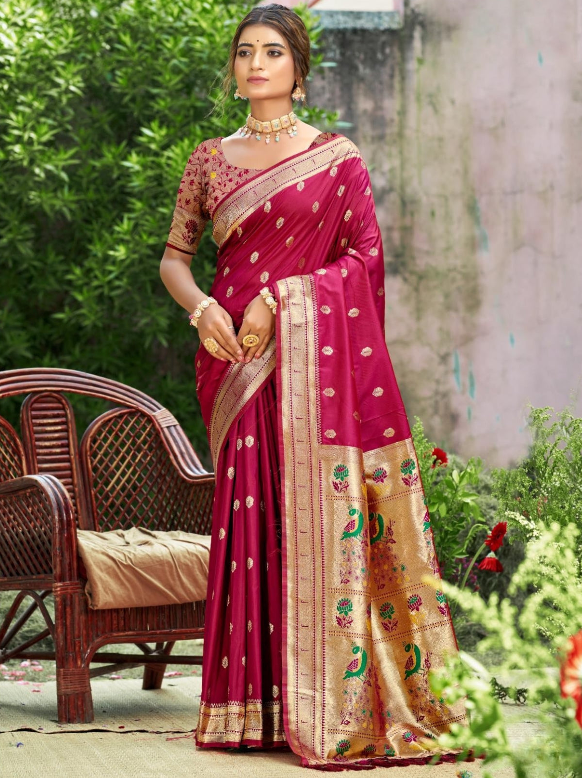 Deep Pink Designer Paithani Silk Saree with Tassels