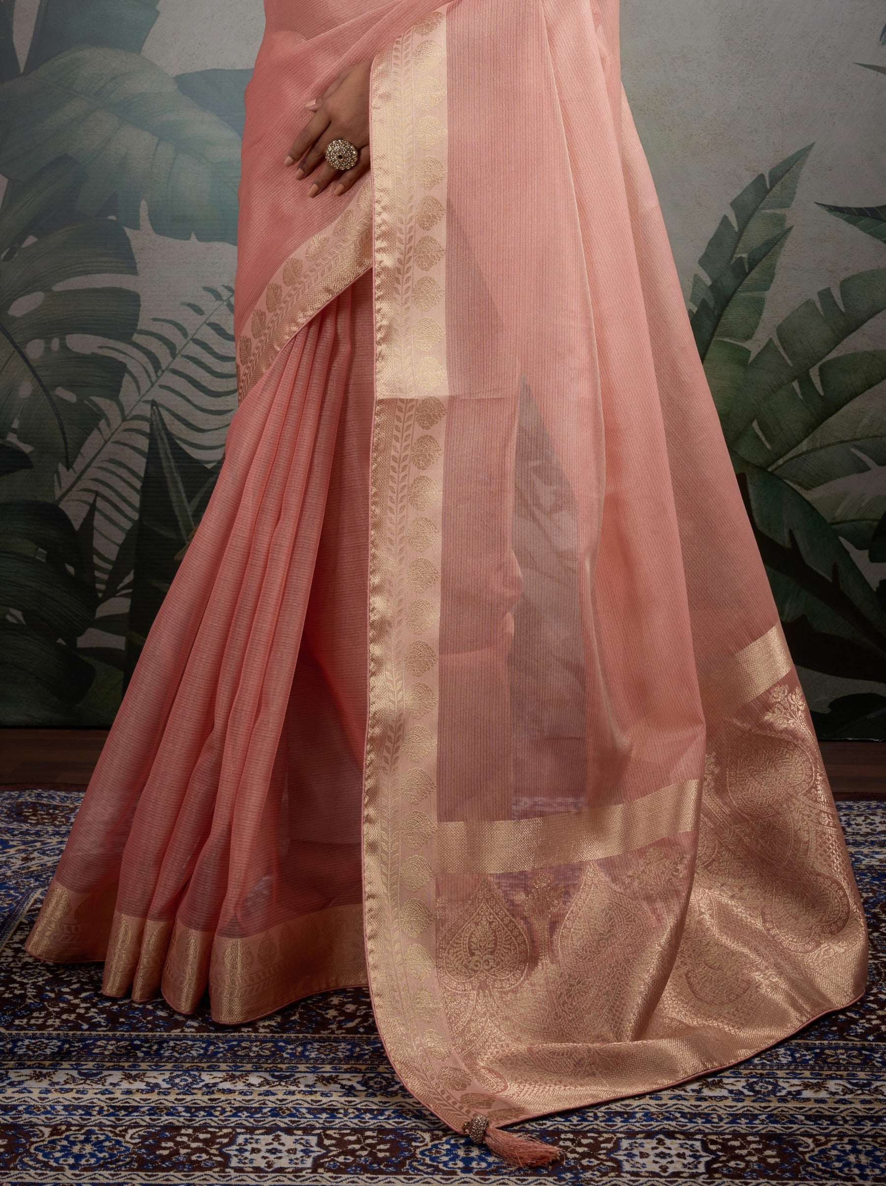 Flamingo Pink Fancy Tissue Silk Saree With Blouse Piece