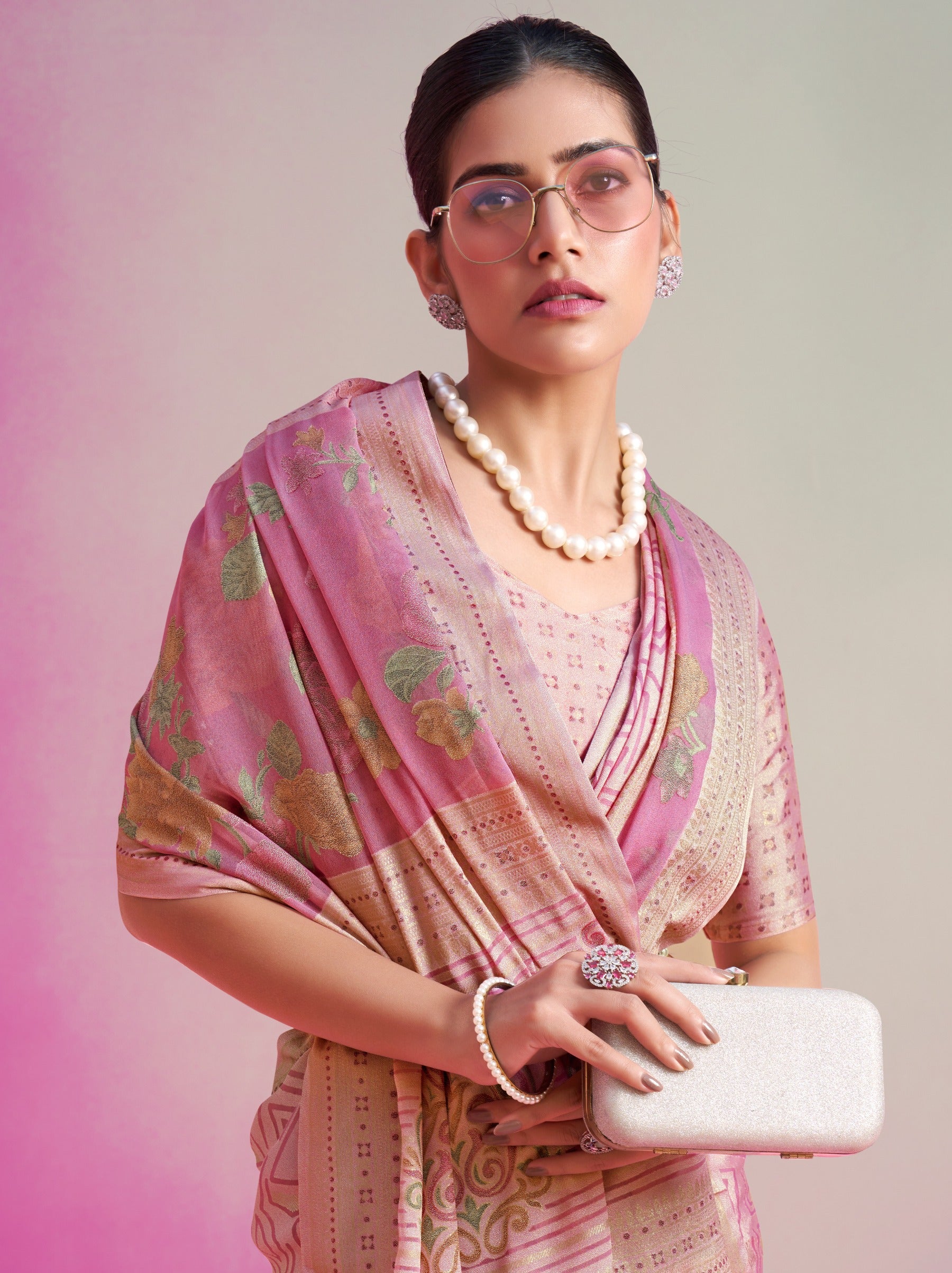 Taffy Pink Premium Georgette Weightless Celebration Saree - TrendOye