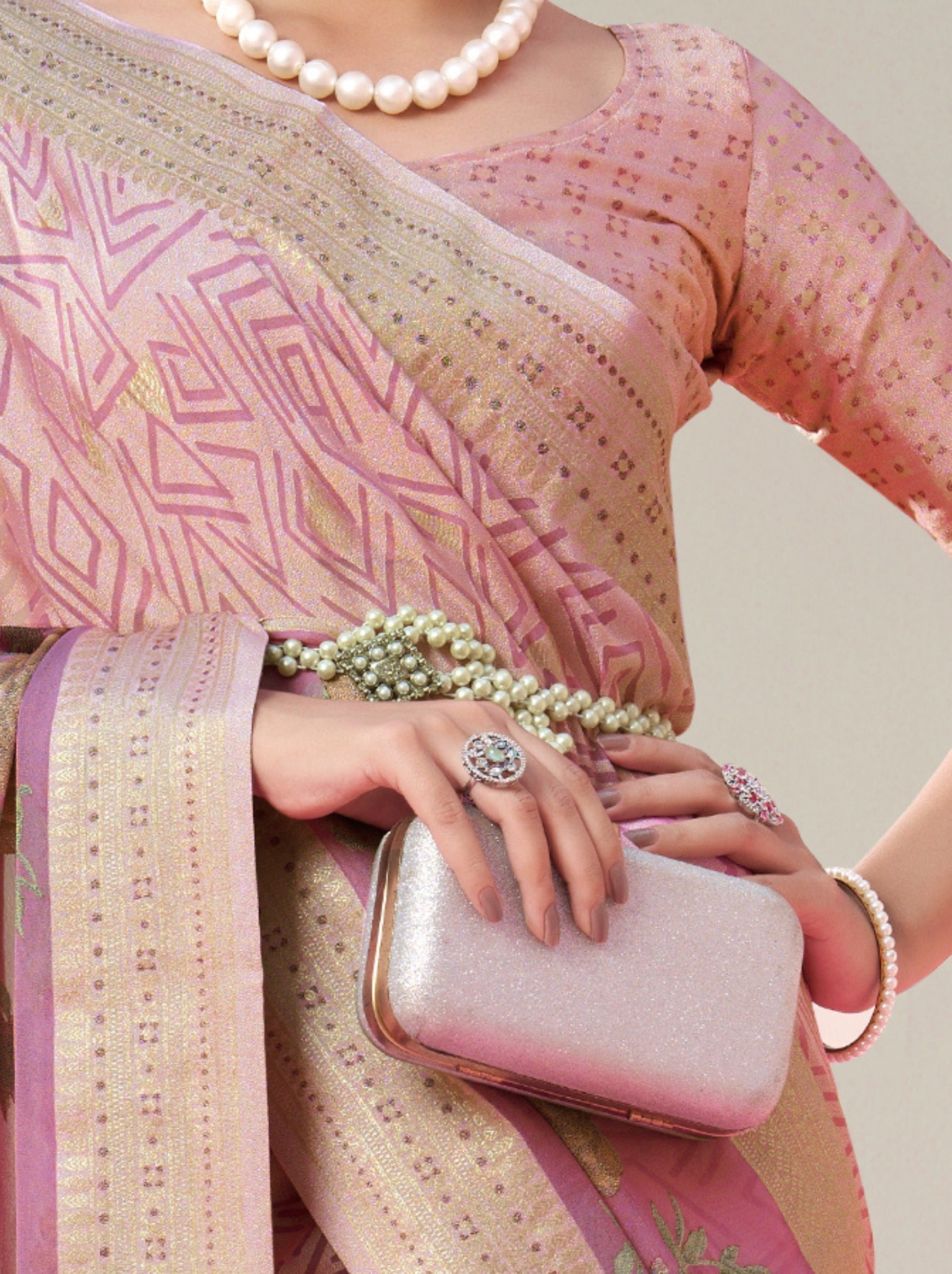 Taffy Pink Premium Georgette Weightless Celebration Saree - TrendOye