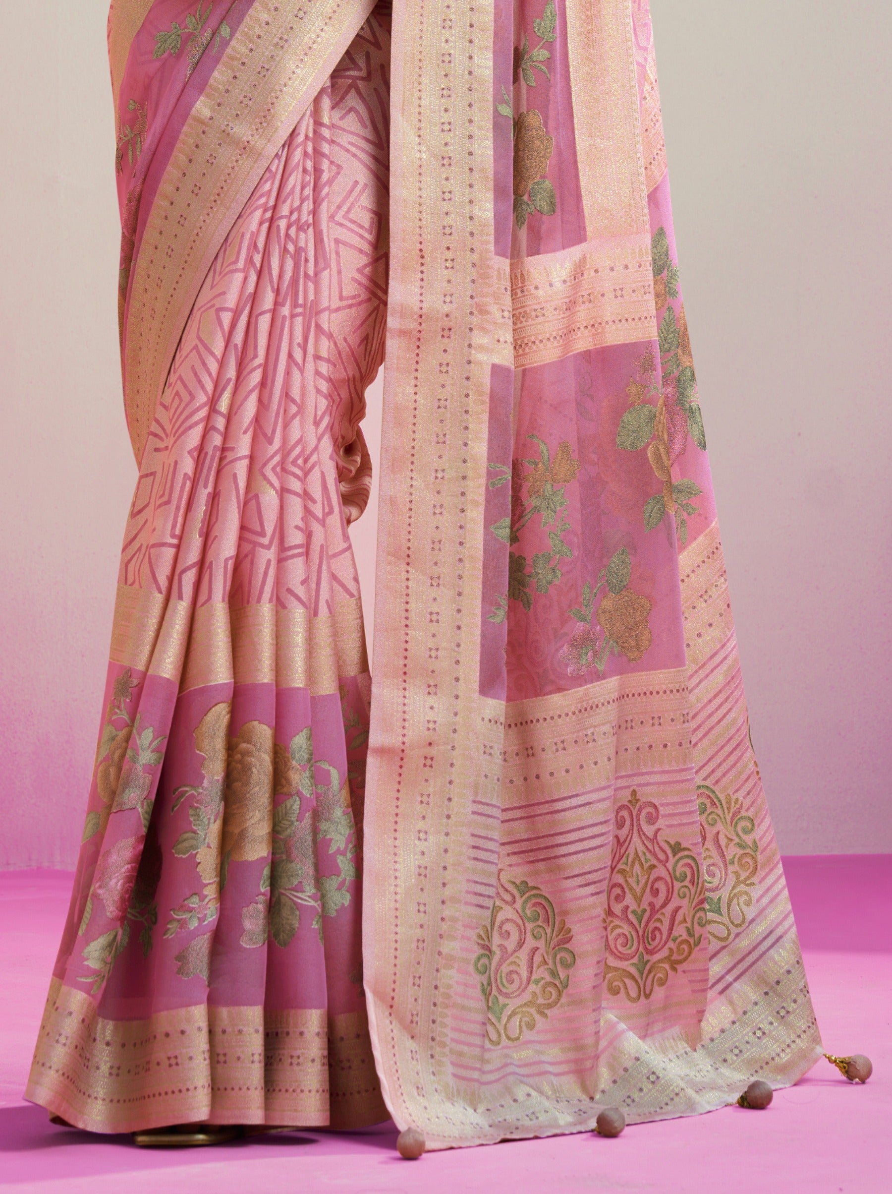 Taffy Pink Premium Georgette Weightless Celebration Saree - TrendOye