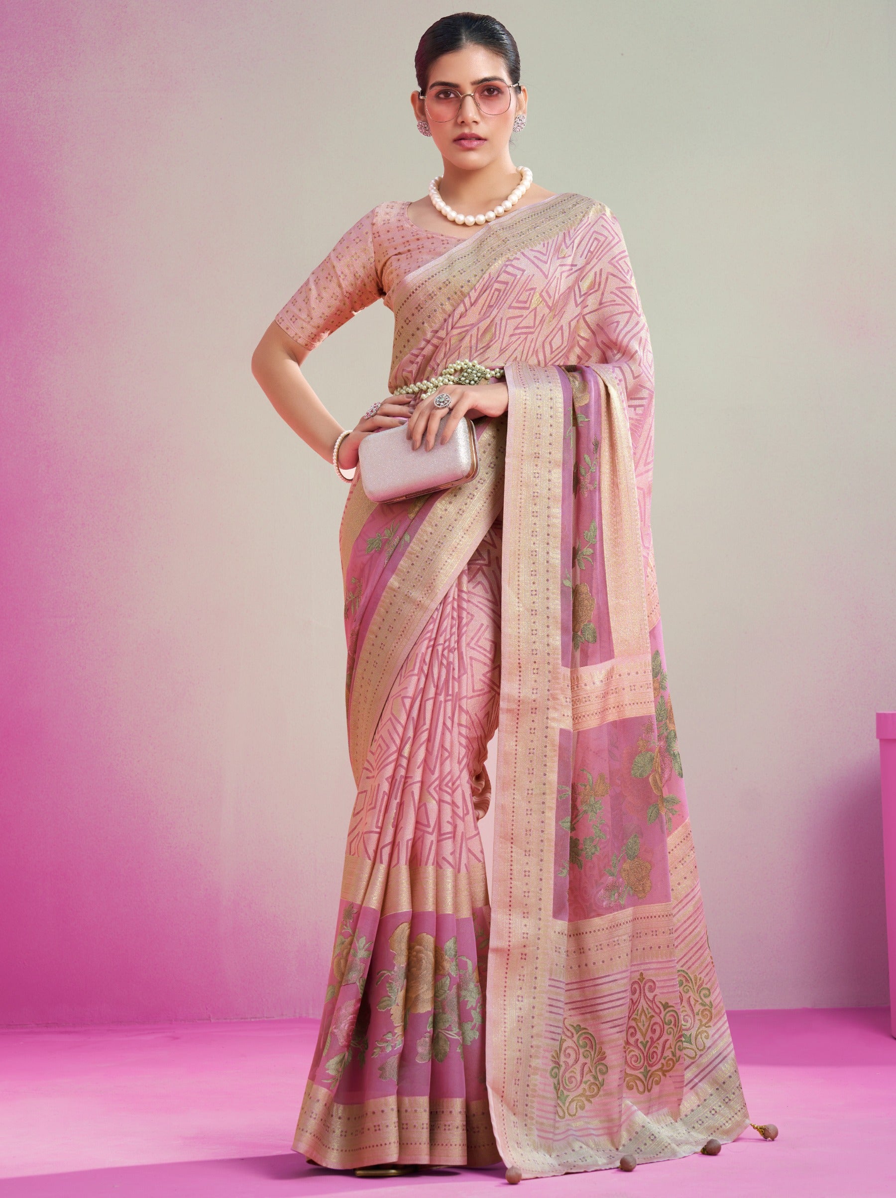 Taffy Pink Premium Georgette Weightless Celebration Saree - TrendOye