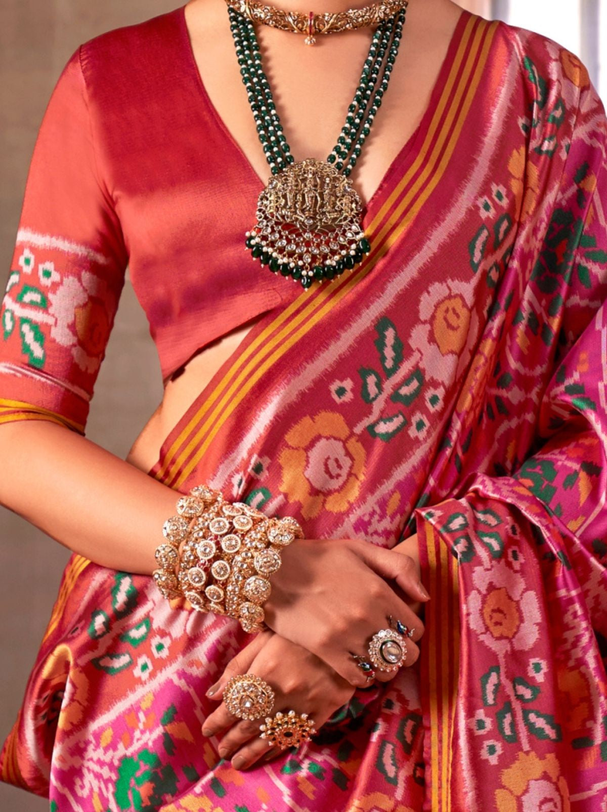 Hot Pink Patola Silk Saree With Blouse Piece