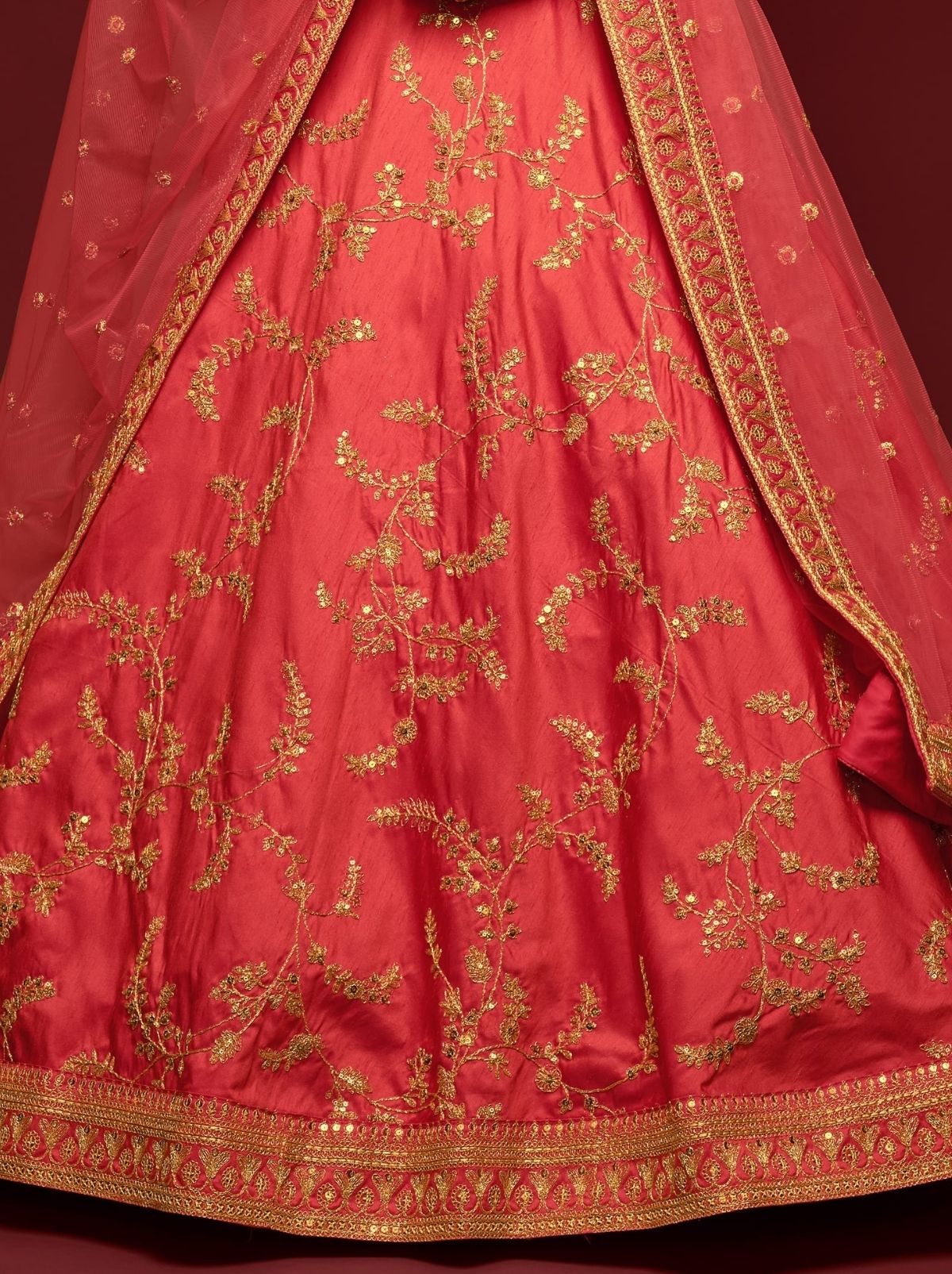 Coral Red Premium Celebration Lehenga Set With Sequin & Zari Work