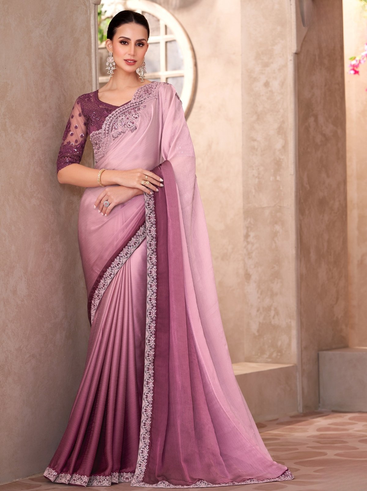 Lavender Pink Premium Chiffon Saree With Blouse Piece