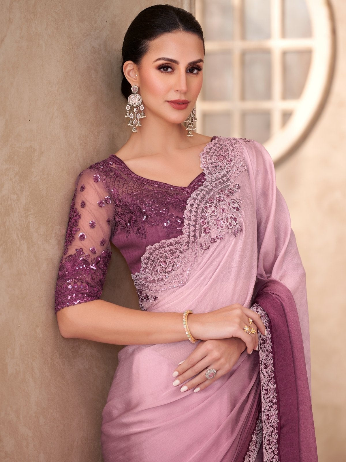Lavender Pink Premium Chiffon Saree With Blouse Piece
