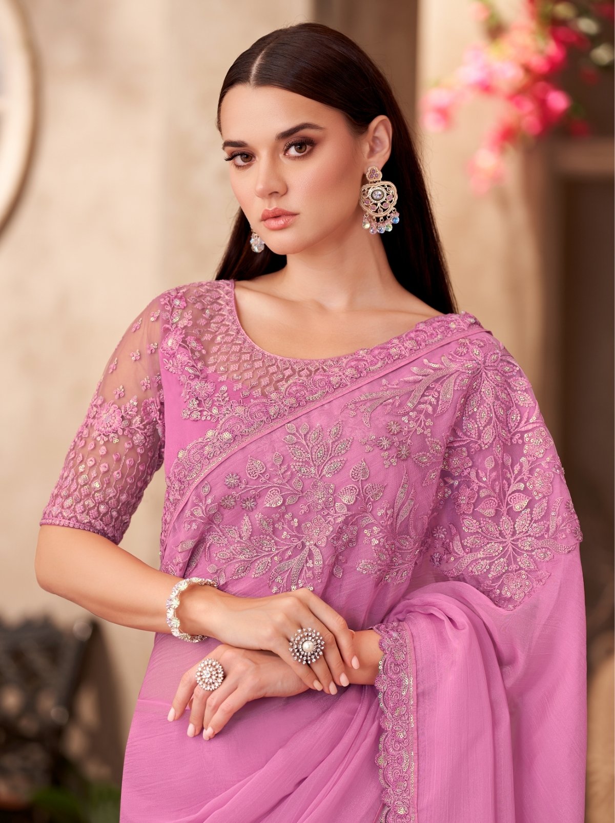 Rose Pink Premium Chiffon Saree With Blouse Piece