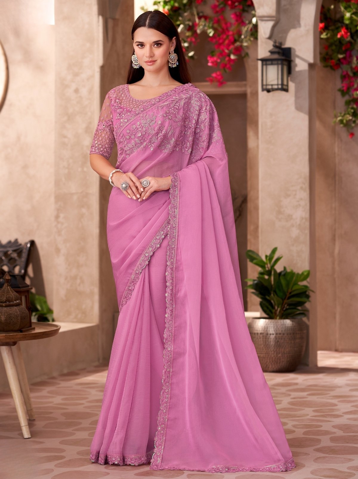 Rose Pink Premium Chiffon Saree With Blouse Piece