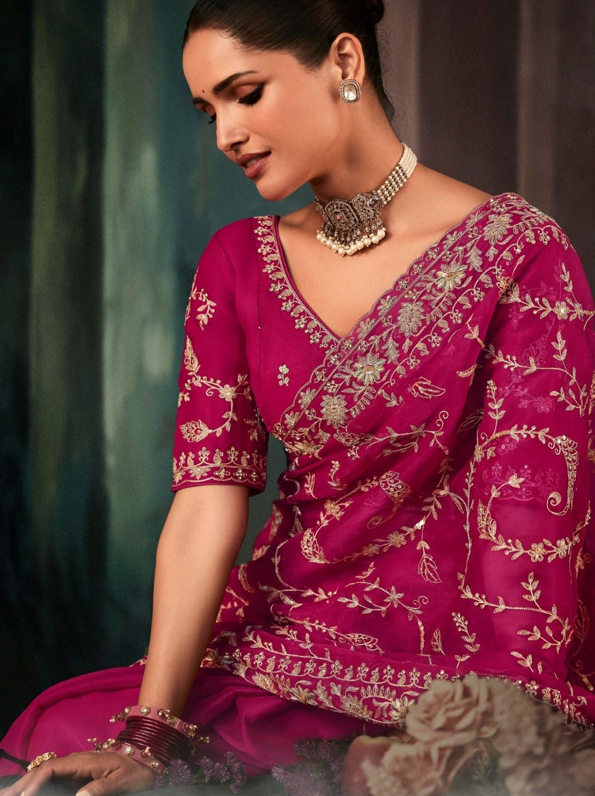 Cerise Pink Premium Crepe Silk Saree With Blouse Piece