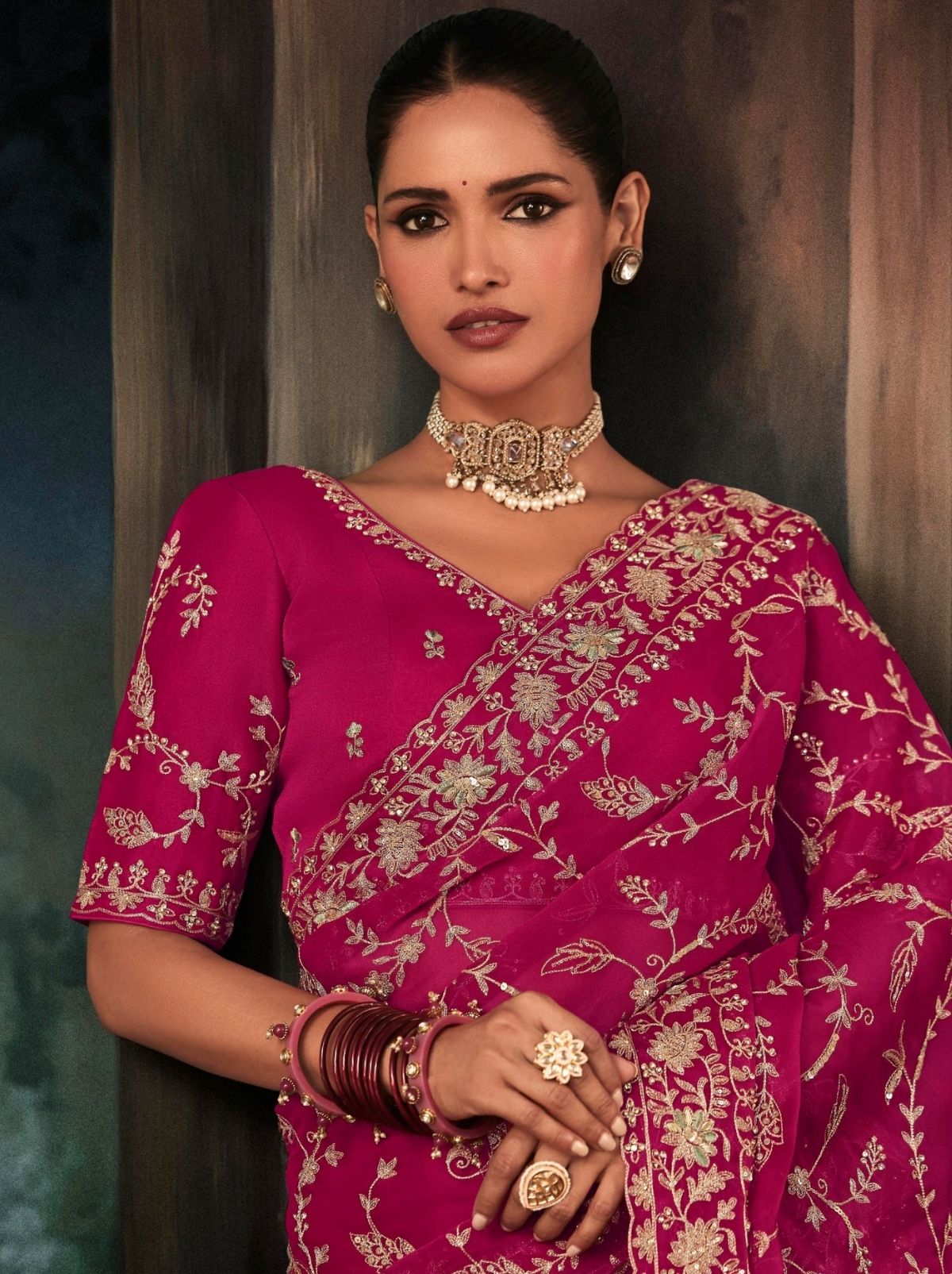 Cerise Pink Premium Crepe Silk Saree With Blouse Piece